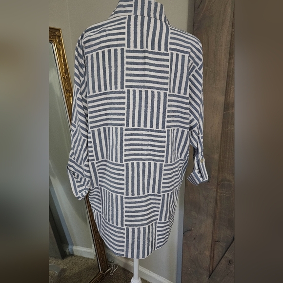 LIOR PARIS Blue/White BANDED COLLARNECK 3/4 ROLL TAB SLEEVE BLOUSE.FRIDA. Size S - Picture 9 of 11